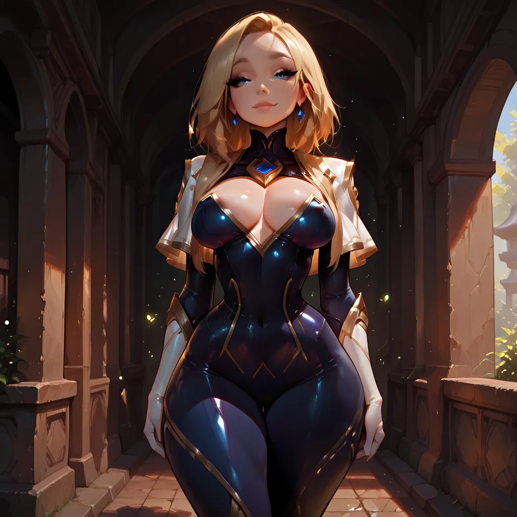 masterpiece, best quality, amazing quality, intricate details, ultra-detailed, 8k uhd 8K, full-body image of 1girl, Lux from League of Legends, 18s, solo, standing, curvy body, beautiful bright blue eyes, long eyelashes, extremely fine hair flowing over he...