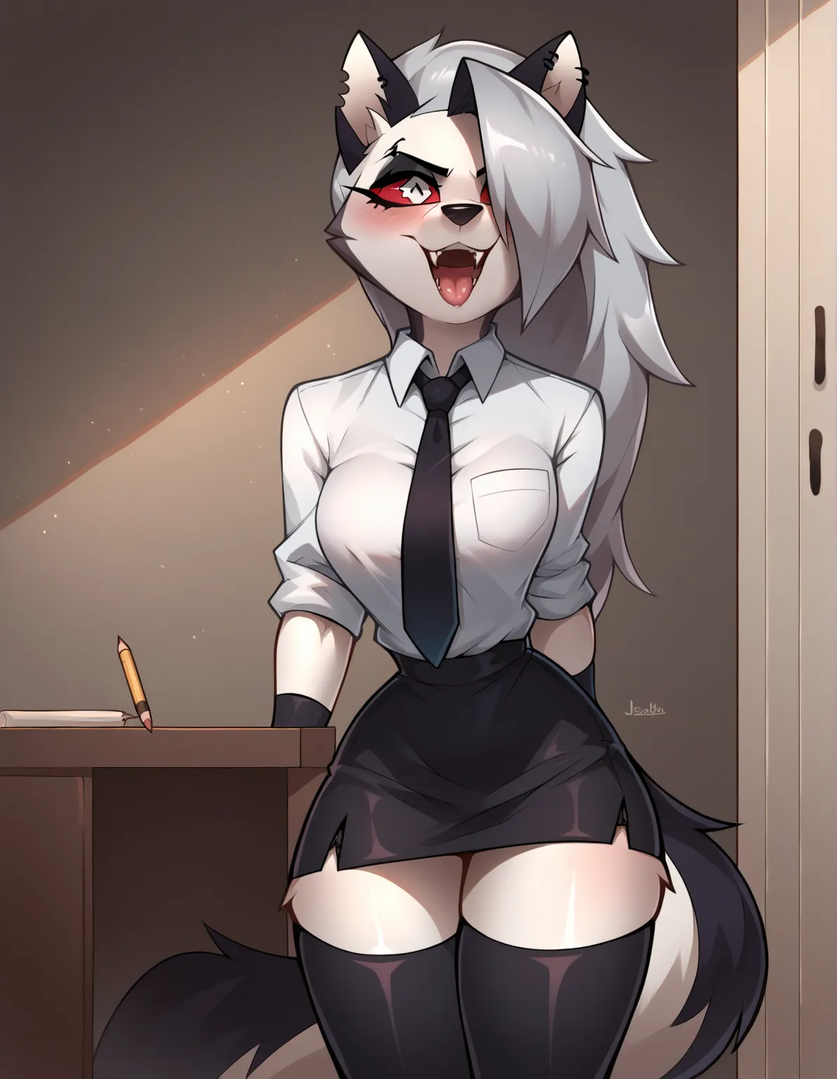 Score_9, Score_8, Score_7, Sustained style , loona, doll, 1 Girl, alone, skirt, Stockings, tie, furry, shirt, furry female, black skirt, Wolf Girl, hair to cover one eye, collared shirt, black Stockings, breast, blush, watching the audience,  open mouth , ...