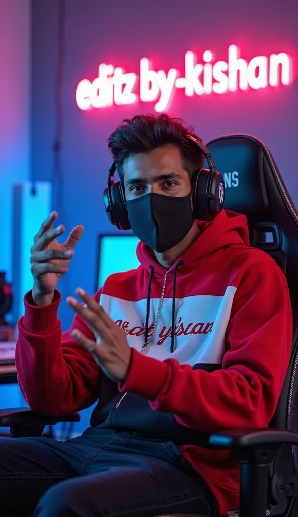 An Indian s man sitting confidently on a
modern gaming chair in his YouTube studio. He is wearing a bright red and white hoodie with editz_by_kishan boldly printed on it. His face is clearly visible and expressive despite wearing a sleek black covID-19 mas...