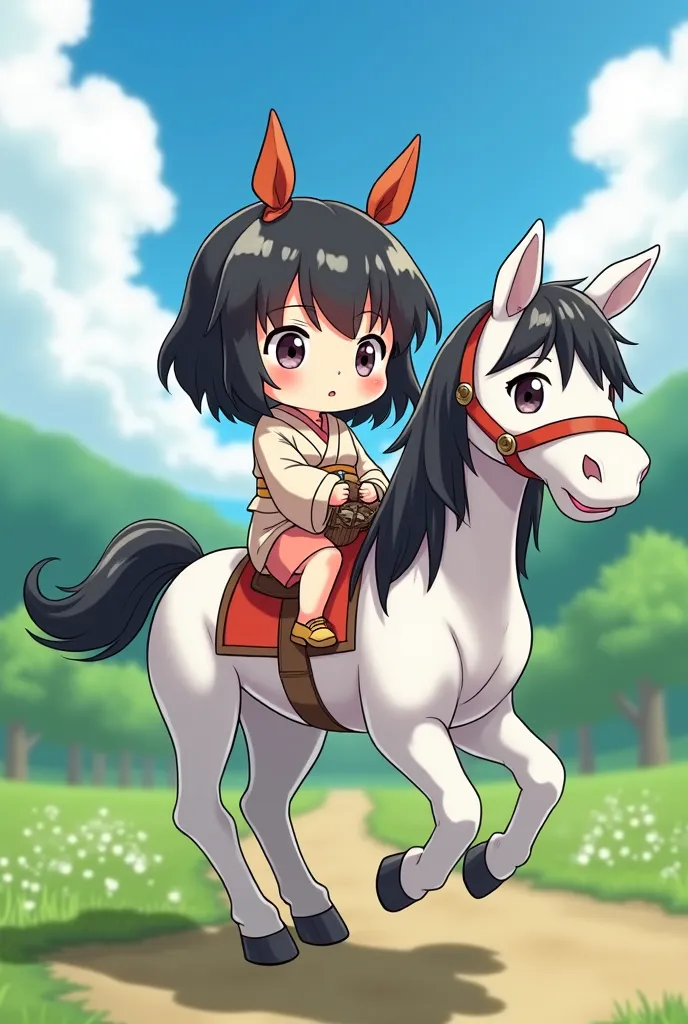 chibi character,hair black ,The horse is on the back side.