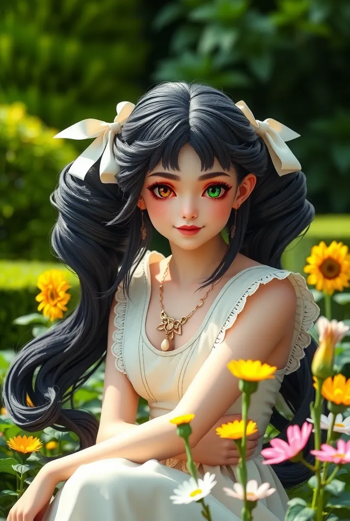 (((best quality ultra-detailed,unity 8k))),(edwardian Maid),long skirt(,heterochromia green eye yellow eye),smile,Garden of the mansion,(((low twin tail:1.5))),Black Hair,(((medium hair))),((blunt bangs:1.8)),Two knots