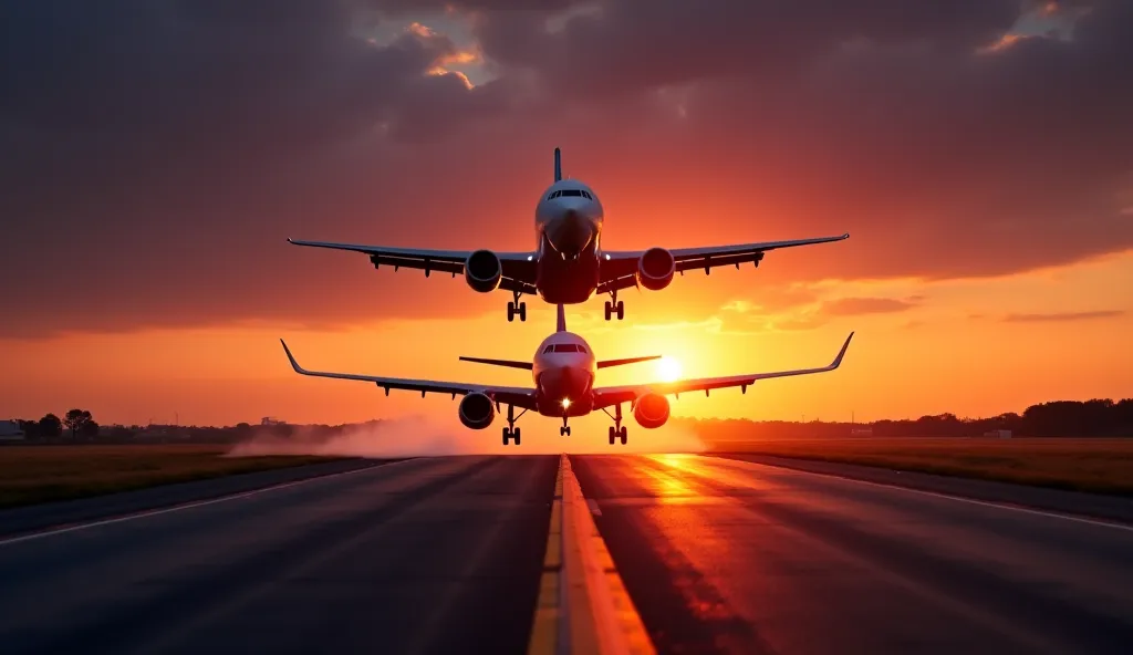 A dramatic aviation scene at sunset showing two planes on the same runway. One commercial plane horizontal that is still on the ground or other one FedEx cargo plane is taking off as vertical just flying above.The image captures a near-collision moment wit...