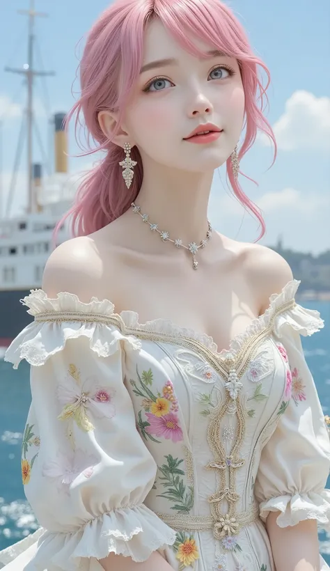 Russian girl dressed in a cute ,  very pale skin , pear shaped, Realistic hands, pink hair ,  pink eyes,(cute dress with colorful patterns), A passenger ship at sea, Titanic actress,  pretty smile   