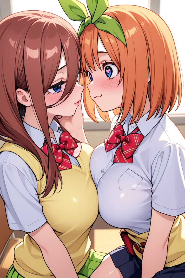 yotsuba Nakano /(The Quintessential Quintuplets)/, high resolution, 8K, long detailed nails, in school uniform,  details, bright eyes and pupils, long eyelashes, detailed hands, eyes of love, in love,  romantic , coquette, yotsuba Nakano está in love de Mi...