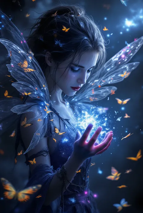 Butterflies with transparent wings. They move like a uniform force , dozens of them , until it turns into a vertical spiral that melts into cosmic frost. Those light chips end up conforming to the morphology of a woman with hair like strands of the energ...