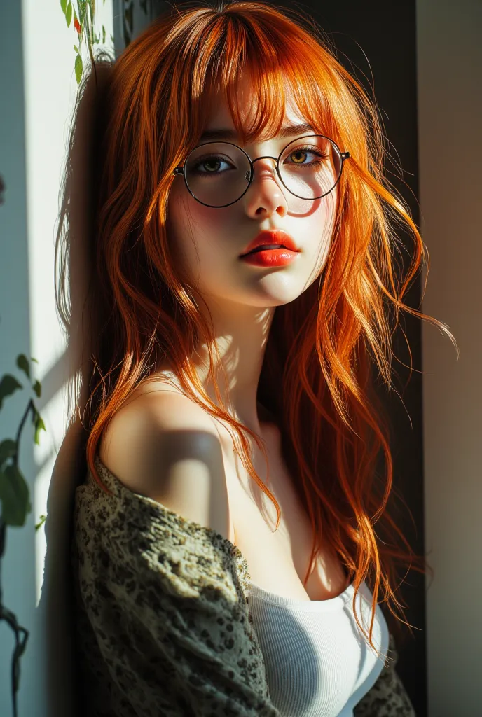 8k, masterpiece, highest quality, Beautiful Women, close-up, Red hair, pale skin, orange-red lips, large eyes, round glasses, (huge boobs, deep cleavage:1.2, sultry bombshell), t-shirt, shirt tug, head tilt, brush hair, dreamy, surreal, natural light, rela...