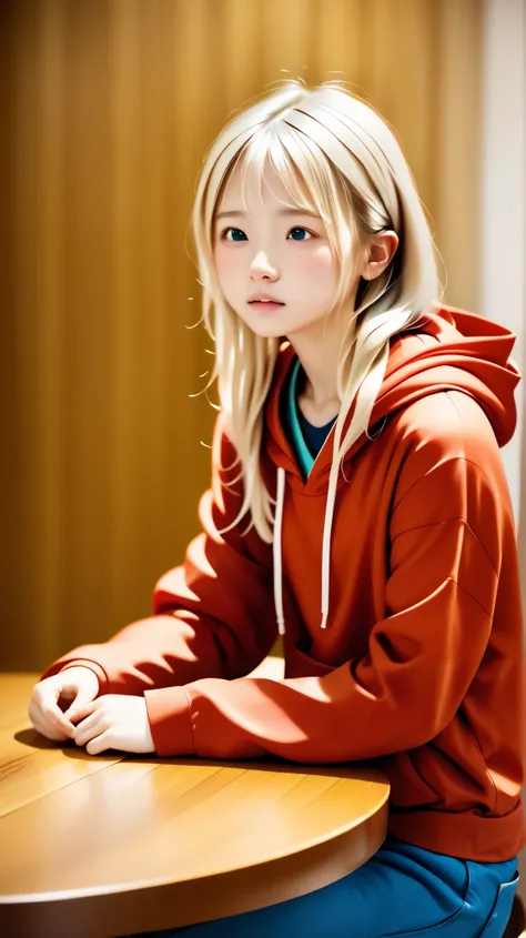 (top quality, table top:1.2, ultra high definition, realistic:1.5), RAW photo, FILM GRAIN、Japanese woman, pretty girl, clear white skin 、hoodie 、Look away 、thin, soft and smooth hair 、 top quality 、 nothing 、 one girl 、blond hair、 My Room、 s...