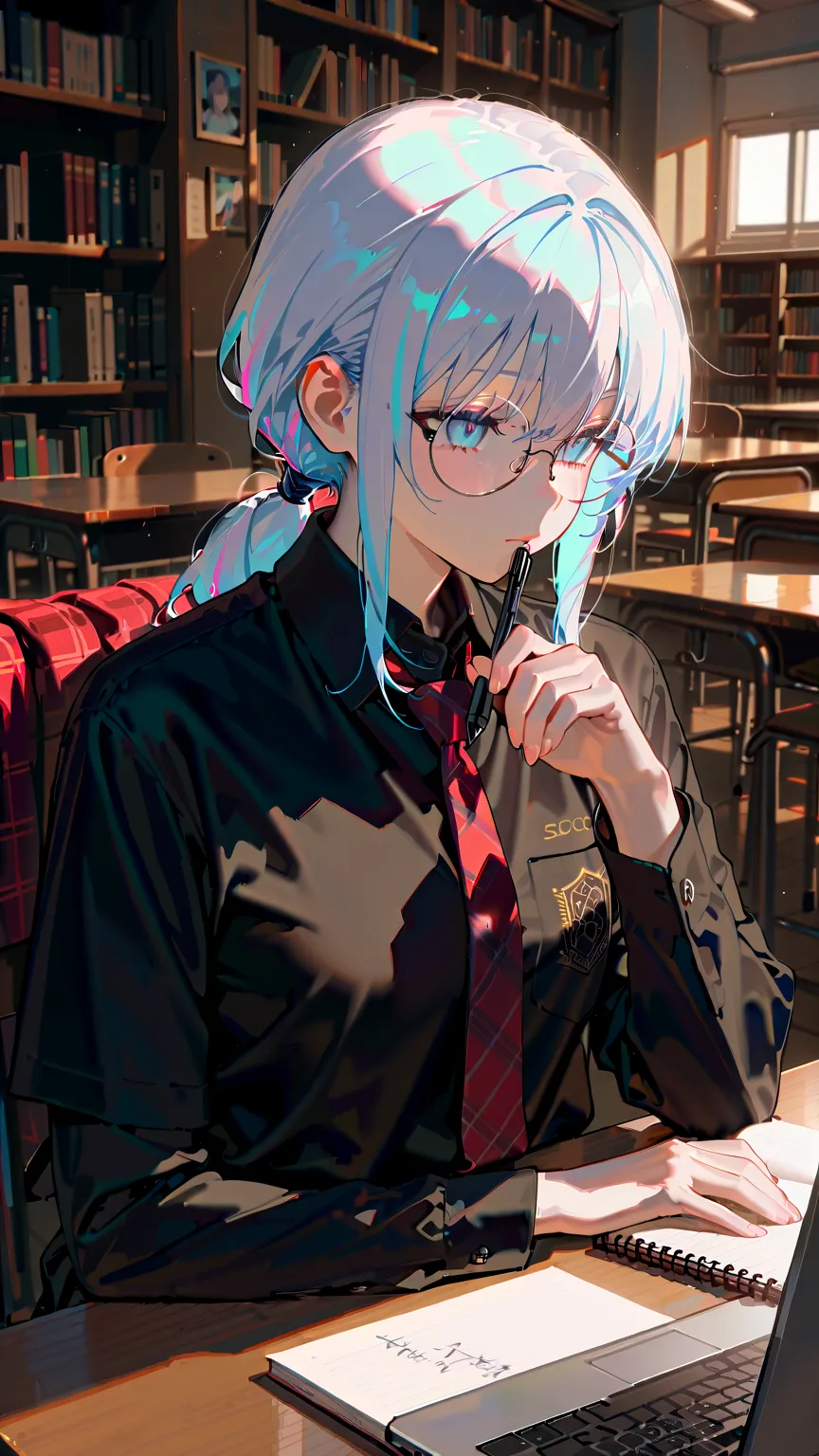 ((solo girl in school library:1.1)), masterpiece, best quality, ultra detailed, score_9, score_8_up, score_7_up, score_6_up, score_5_up, score_4_up, 1girl, masterpiece, best quality, ultra detailed, hair tied up in a bun, (round glasses), (study material, ...