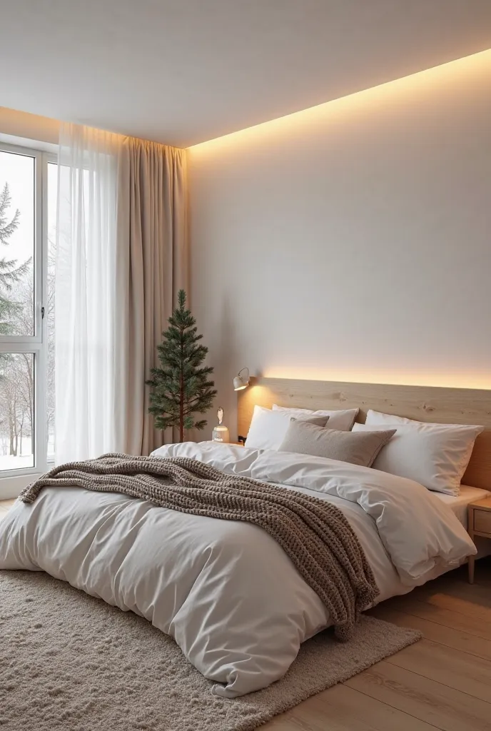 A Scandinavian-inspired winter bedroom, blending minimalist design with ultimate coziness. The bed, draped in snow-white linen with two matching pillows, is layered with a chunky taupe knit throw. Warm LED strip lighting behind a natural wood headboard add...