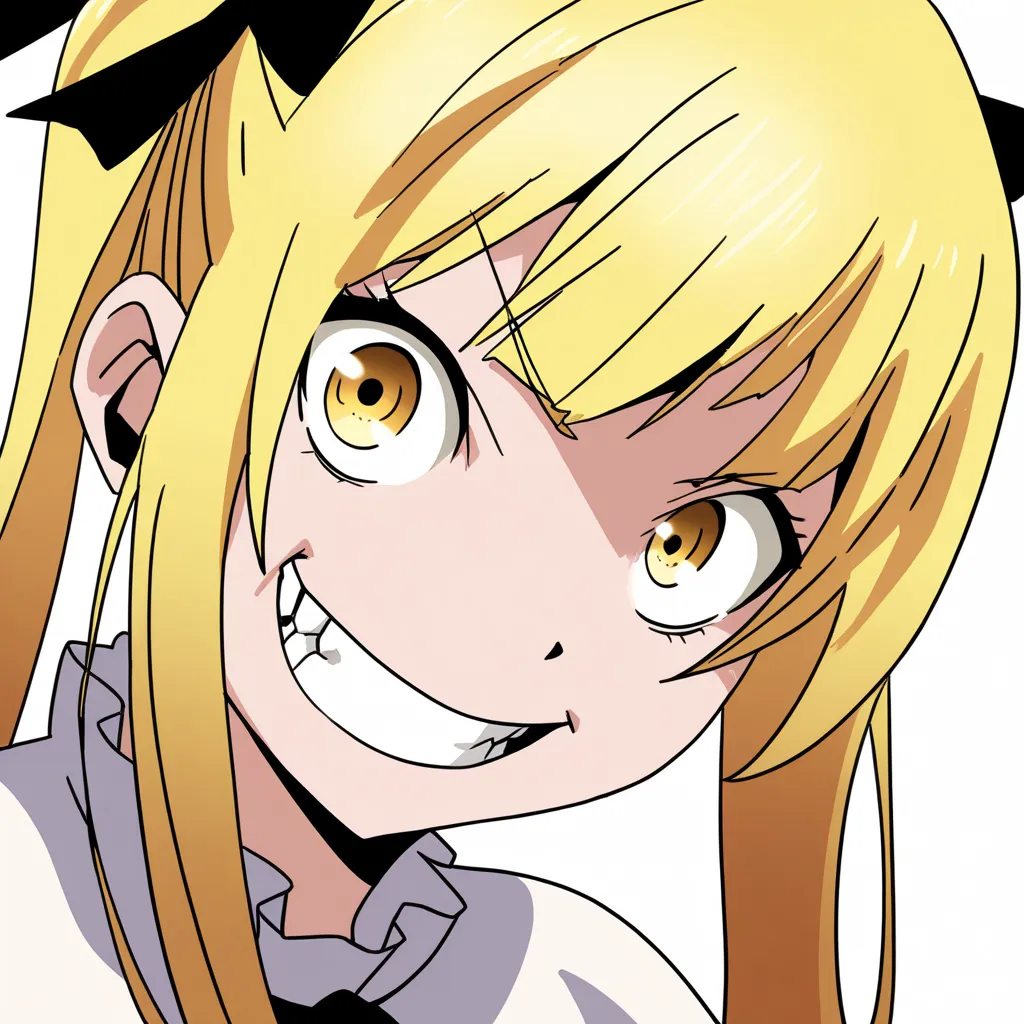 blonde hair,solo,1girl,smile,grin,yellow eyes,looking at viewer,teeth,twintails,parody,hair ribbon,long hair,ribbon,black ribbon,close-up,white_background,