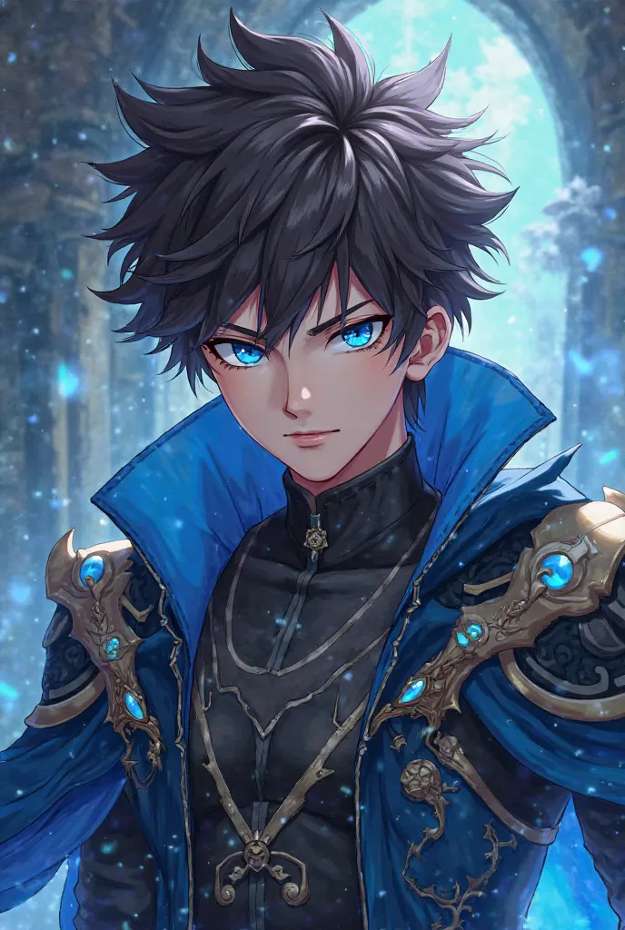 Anime male that has fluffy dark brown hair, and has a stern expression, and he wears a cool fantasy outfit that has blue in it and has blue eyes