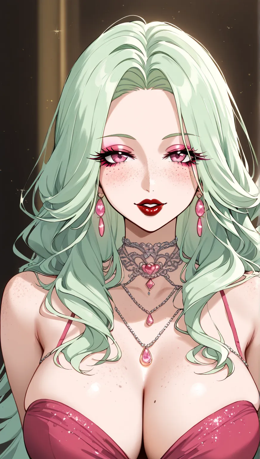 1 woman,  freckles on the face,   long light green hair, dark red lipstick ,  inviting,  beautiful, linda,  elegant big bust pink dress,sexy,  Pink Eyes,light skin, pink makeup,long eyelashes