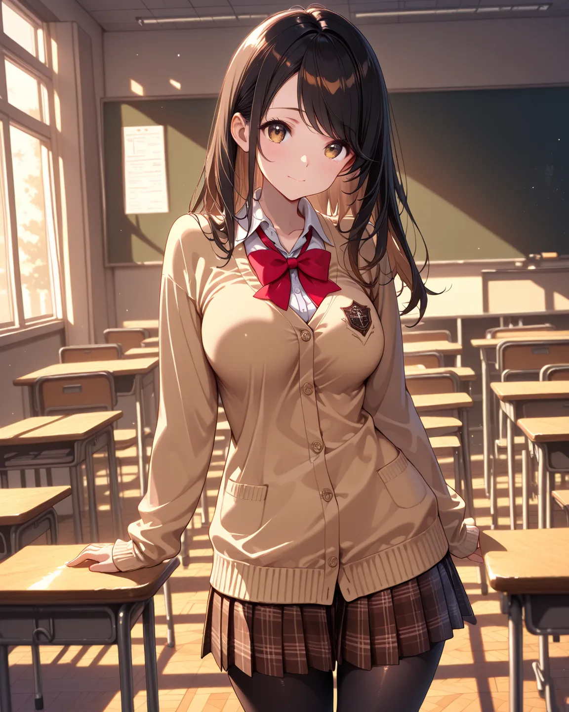 masterpiece, best quality, high quality, highres,

black hair, (long hair:0.8), swept bangs, (tareme:0.6), cute face, medium breasts,

collared shirt, caramel brown color cardigan,, dark brown plaid skirt, school uniform, red bow, black pantyhose, loafers,...