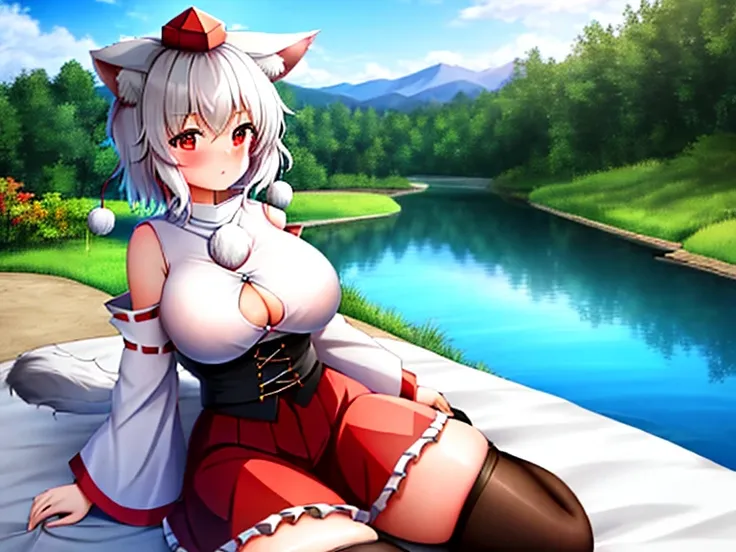 {{masterpiece, ultra-high quality, ultra detailed,}} inubashiri_momiji_touhou, animal_ears, wolf_ears, short_hair, red_eyes, white_hair, hat, tokin_hat, wolf_tail, tail, blush, huge breasts,  bearing hips, thick thighs, thigh high stockings, thigh huggign ...