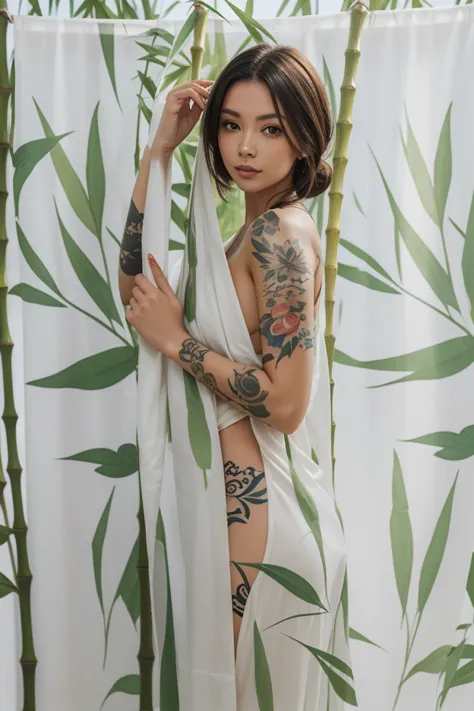 A woman wrapped in bamboo curtains, with tattoos of koi fish and leaves