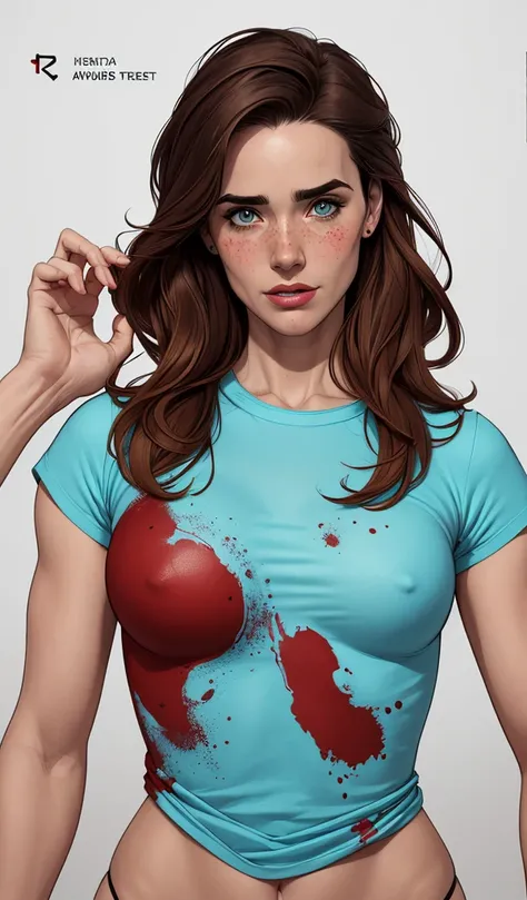 Character style illustration style Completely bare breasts showing small fear Breast size Cartoon name: Isabella Cruz white background medium breasts freckled face Jennifer Connelly actress strong contours Physical description - long straight hair, tingido...