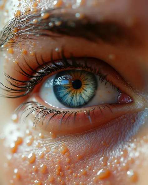  A highly detailed close-up of a human eye and the surrounding skin, covered in moisture and tiny granules. The skin appears wet, with fine particles resembling an organic scrub. Water droplets and foam-like textures create a raw and natural effect. The ey...