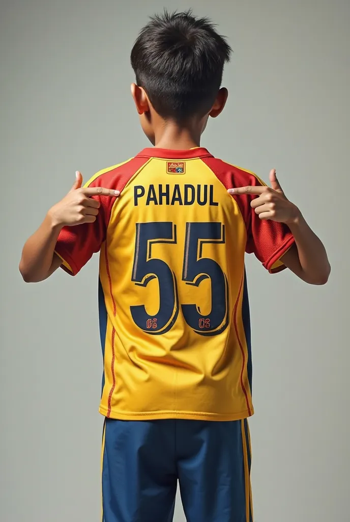 A boy wearing a Sri Lankan cricket jersey with the name on jersey Pahadul and jersey number 55.pointing is hands back to his jersey number 