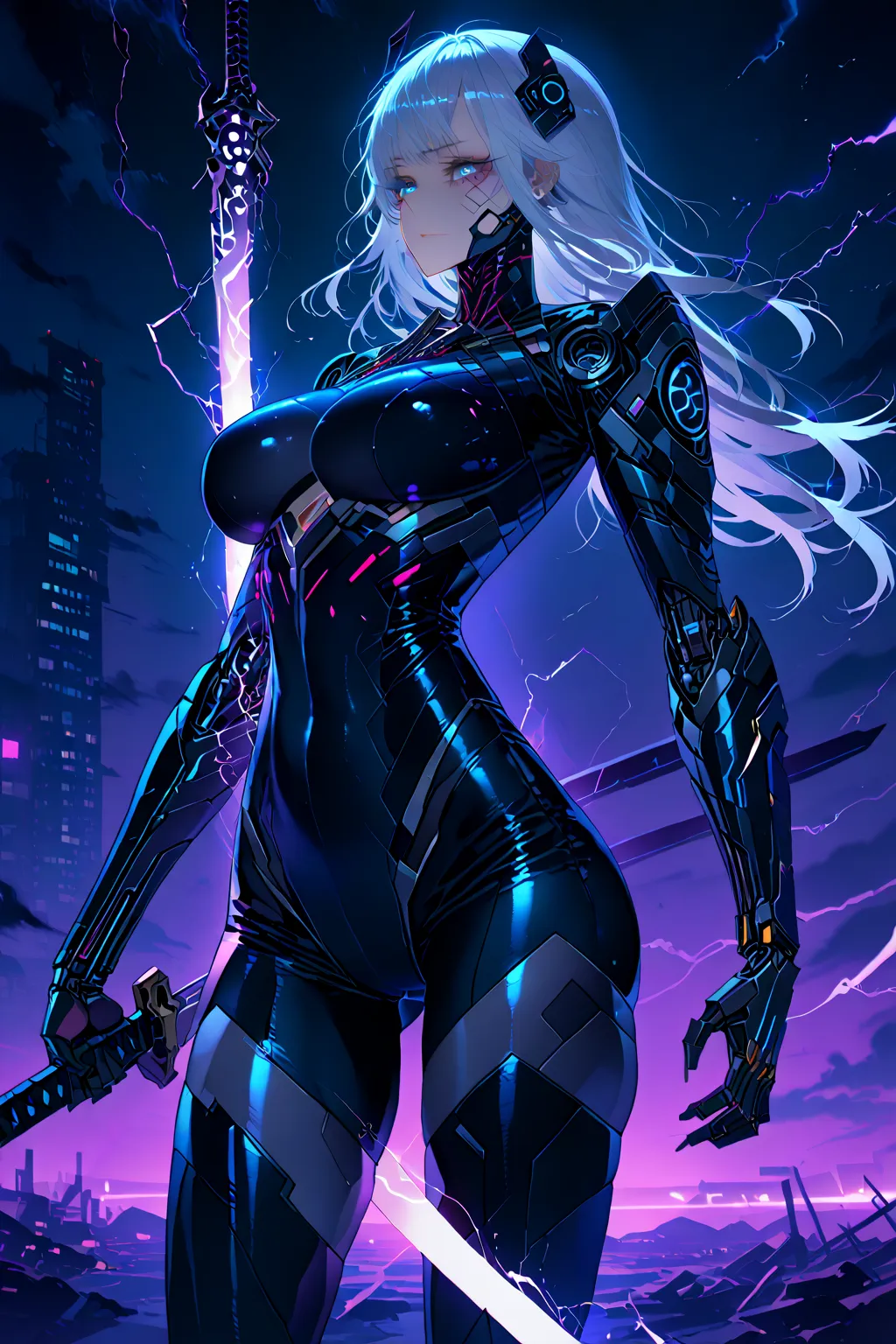 1girl, Raiden (Genshin impact: 1.4)), ((cyborg Raiden Shogun: 1.4)), solo, masterpiece, ((24-year-old cybernetic warrior: 1.4)), ((battle-hardened beautiful face: 1.3)), ((silver-violet hair: 1.3)), piercing electric-blue eyes, slightly messy bangs, standi...