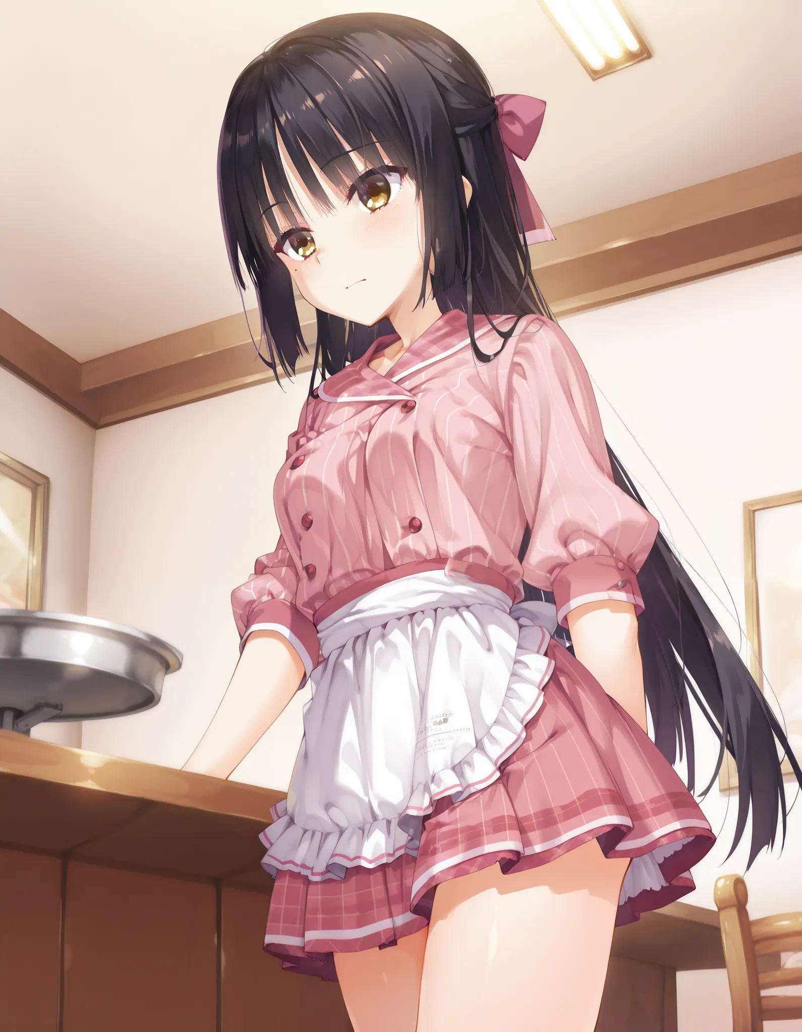 score_9, score_8_up, score_7_up, 

shiki natsume, Cafe Stella to Shinigami no Chou, Muririn,
very long hair, black hair, hair bow, bangs, blunt ends, mole under eye,
waitress, pink shirt, striped shirt, vertical stripes, plaid sailor collar, Pink miniskirt...