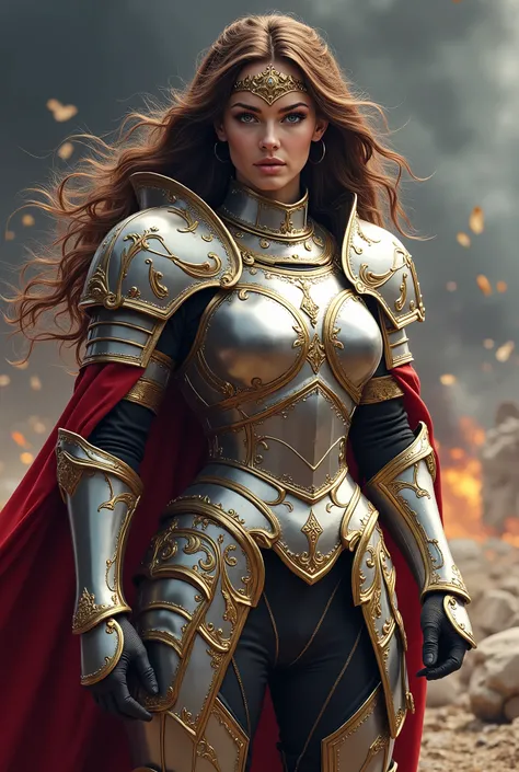 (8K, ultra detailed, realistic style: 1.3), anime warrior woman, long wavy brown hair, with a determined and powerful look, intense blue eyes. He wears a full suit of armor with gold and white details., decorated with intricate medieval and gothic style p...