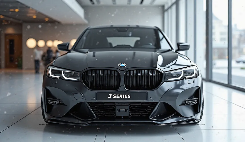 An ultra-realistic image of the Aggressive front bumper view with end of a futuristic 2025 BMW 3 SERIES . The car features a large, imposing, kand aerodynamic design with a black and shiny exterior. Aggressive front bumper view end has a wide, aggressive  ...