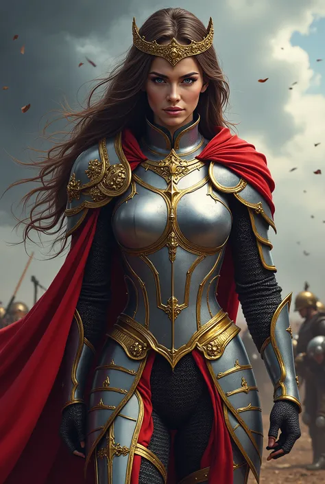 (8K, ultra detailed, realistic style: 1.3), anime warrior woman, long wavy brown hair, with a determined and powerful look, intense blue eyes. He wears a full suit of armor with gold and white details., decorated with intricate medieval and gothic style p...