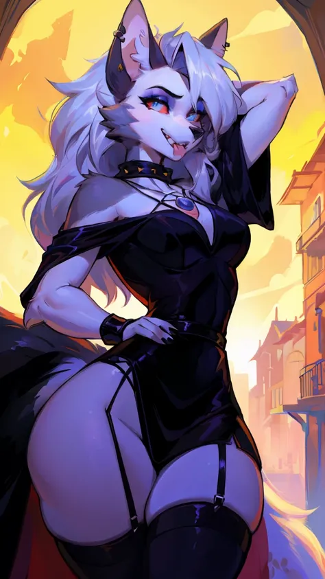  cute,furry的_ girl,Wolf_ girl,graceful figure, model body_type, detailed_ eyes,silver_hair, cute_ear,Wolf_ear,red black robe evening dress,beat,furry_fur,earrings,upper body,Garter,颈Garter,(perfect  detailed  eyes:1.5),Jewelry, blank  eyes,brooch,Smile,(fo...