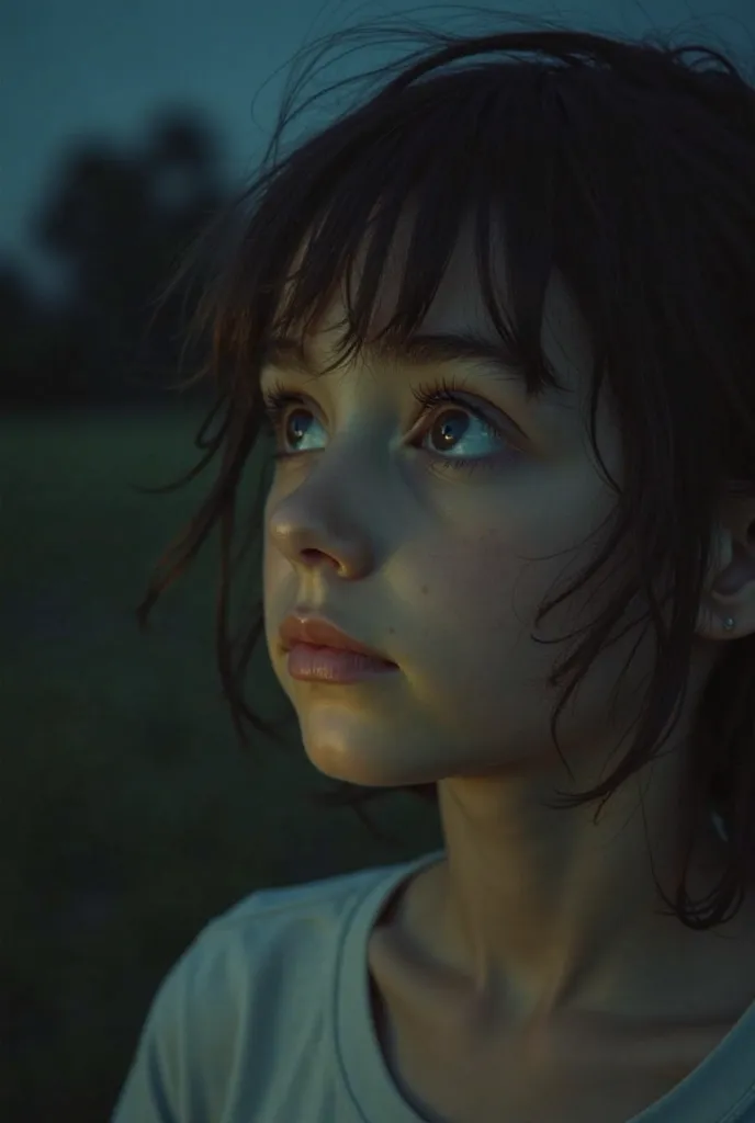 A close-up of the girl's face(seen her half body), illuminated by the streetlight, with a look of realization and hope. The background is blurred, focusing on her expression as she contemplates her dreams.



