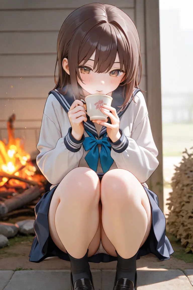 Put on a bonfire、Girl drinking tea