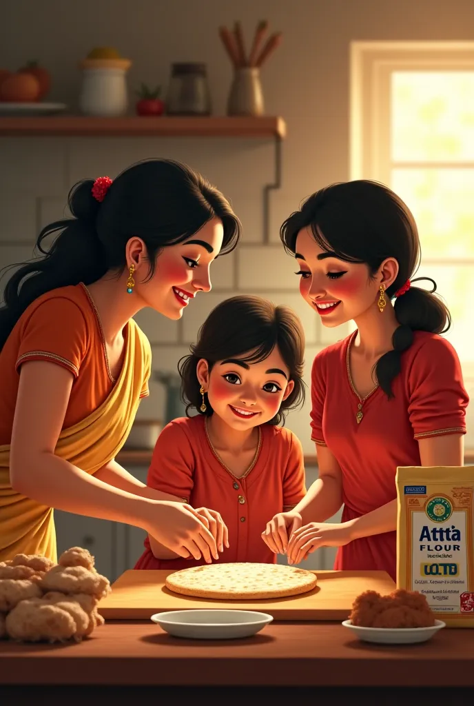 A grandmother, mother, and

daughter together in a kitchen, rolling and cooking rotis. A soft golden light highlights the atta pack, reinforcing the warmth of home-cooked meals.