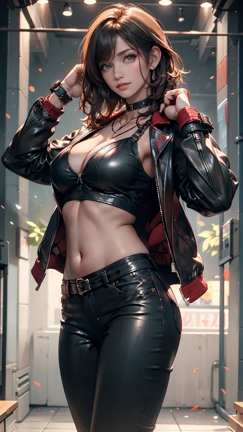  Beautiful girl with big boobs, rough jacket worn, long hair,  machine arm for a night view of punk rock, punk rock red green background、Leather choker、 midriff length leather jacket 、underboob top（Underboob Top）、Belly button visible、Underboob visible、Low ...