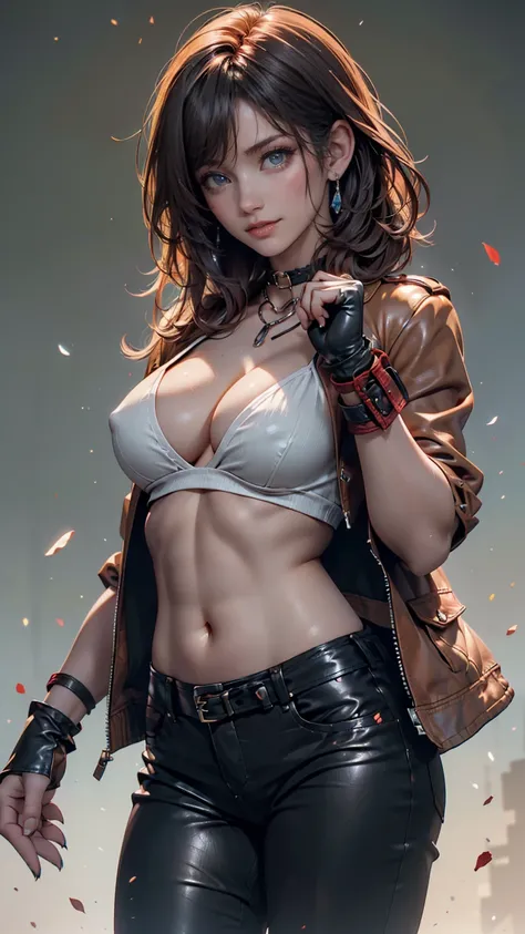  Beautiful girl with big boobs, rough jacket worn, long hair,  machine arm for a night view of punk rock, punk rock red green background、Leather choker、 midriff length leather jacket 、underboob top（Underboob Top）、Belly button visible、Underboob visible、Low ...