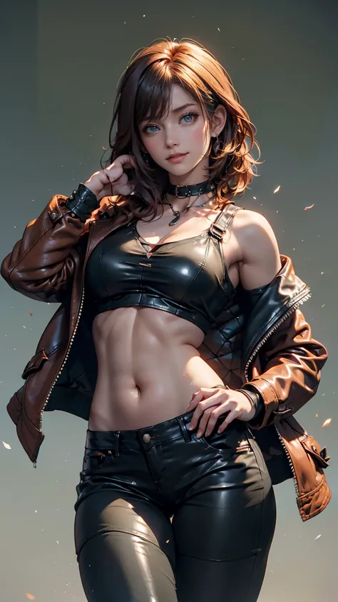  Beautiful girl with big boobs, rough jacket worn, long hair,  machine arm for a night view of punk rock, punk rock red green background、Leather choker、 midriff length leather jacket 、underboob top（Underboob Top）、Belly button visible、Underboob visible、Low ...