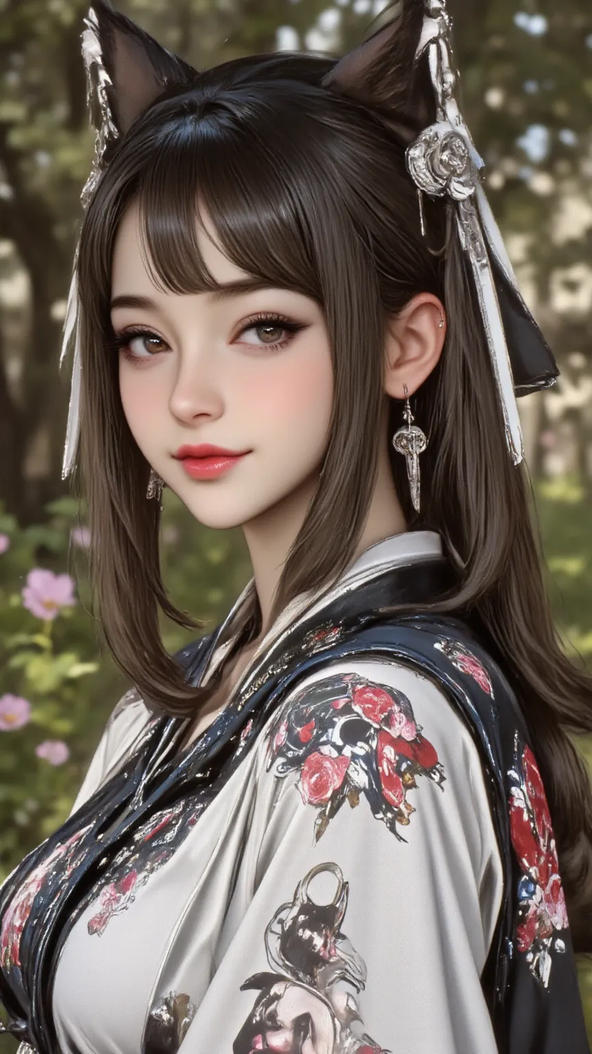 meticulous lines,Expressive contrast,Soft Light,Japanese fantasy princess,Black Hair,Side Hair ,Bangs,Dark eyeshadow,Formal Japanese-style garden,4K High Resolution,ultra-detailed painting,Realism,HDR Effect,Vivid Color,Depth of Field Effect,Professional G...