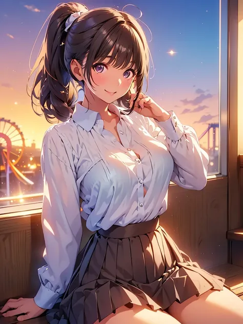 (( top quality, masterpiece, 4K)),angasaki nene, (  18 year old girl ),  sparkling brown hair, smile,  sparkling brown eyes with great attention to detail,(ponytail),perfect body,(Big Breasts),((white collared blouse)),(( :1.2)),(plain long sleeve blouse),...