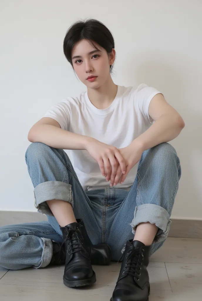 Guy wearing loose t shirt and loose jeans and black boots sitting having oval face 