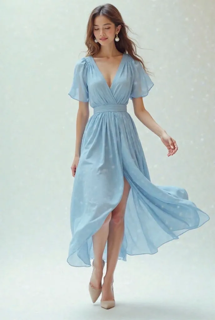 Romantic Look: Baby blue wrap dress + nude heels + pearl earrings