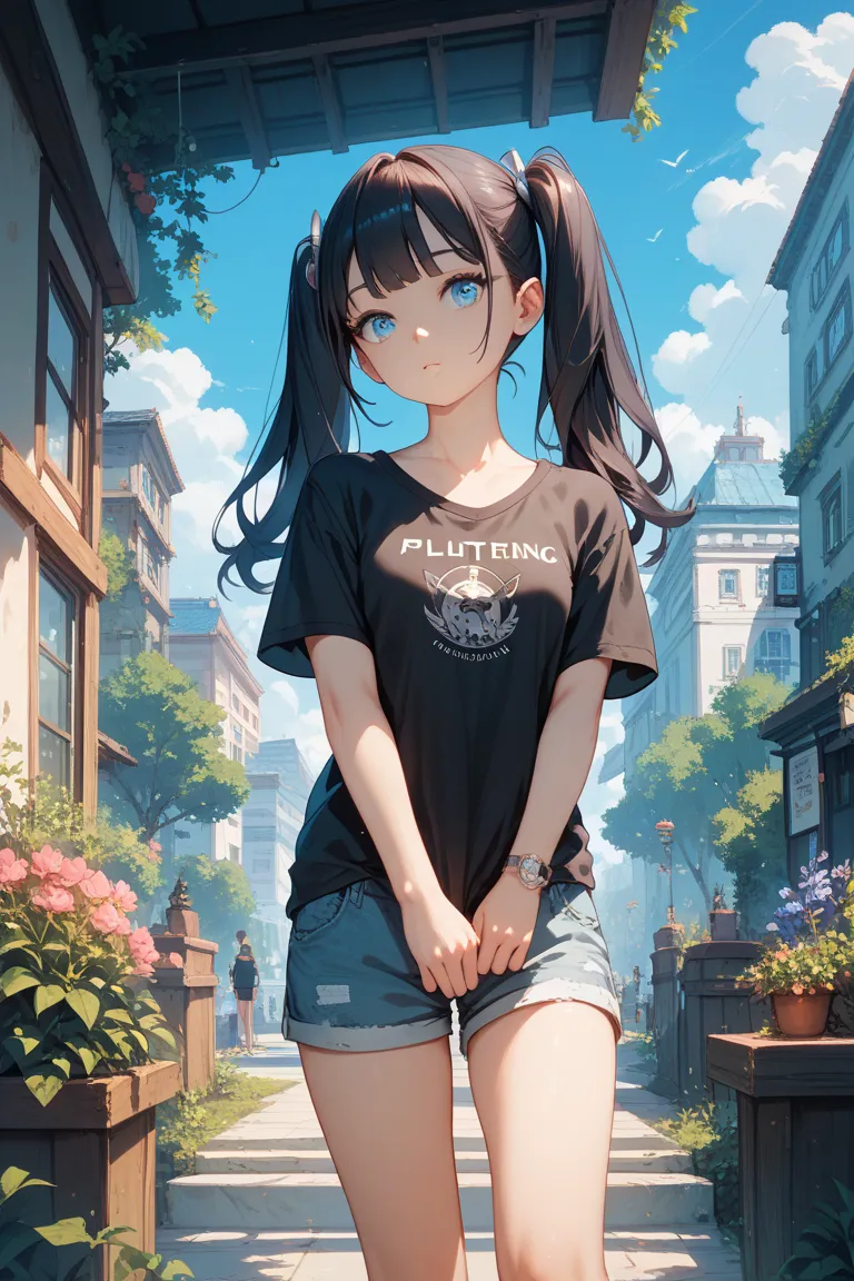  1girl , dark hair, girl,is young,small breasts, solo,twintails, Black T-shirt,shorts,blue eyes, Outdoors,watching viewers,masterpiece, top quality, very aesthetic, ultra high definition    