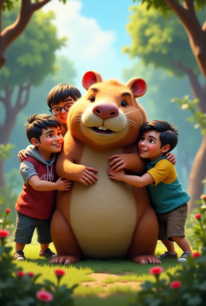 Capybara original real with the characters of Free Fire hugging