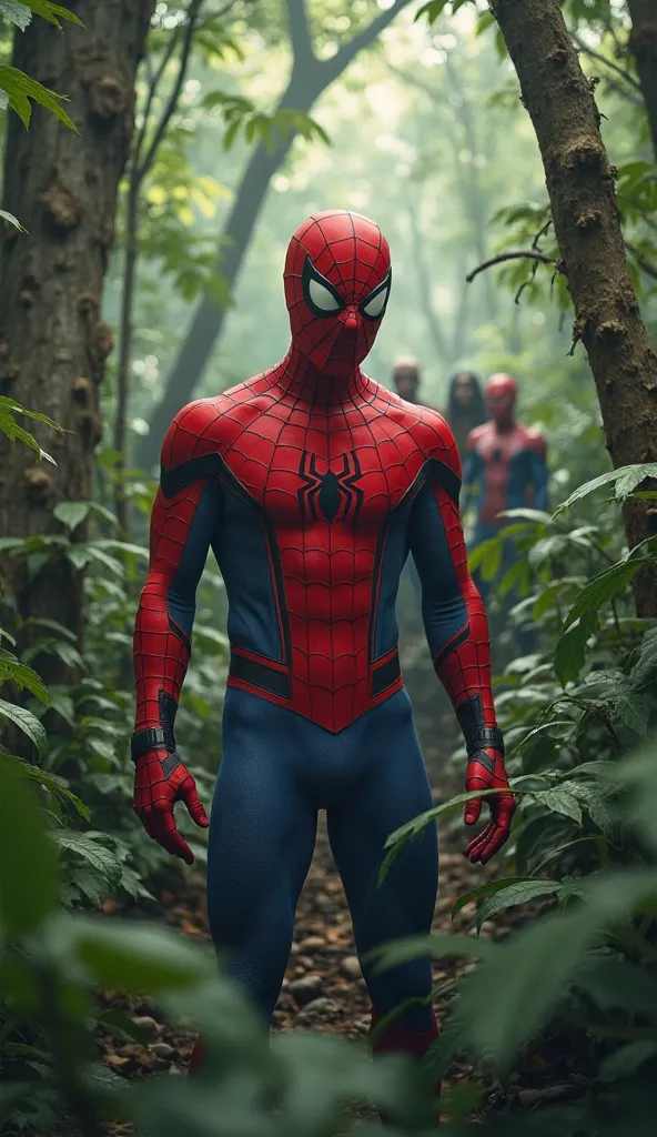 "In the middle of a dense jungle, Spider-Man.the are shoking expression .The lush green trees and the sounds of wildlife surround them, creating an intense and mysterious atmosphere. Each character seems to be on guard, as if preparing for something unexpe...