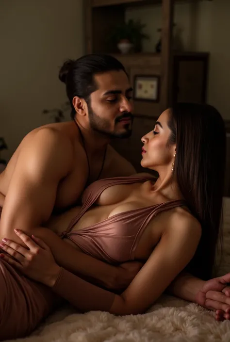 beautiful and poor indian girl just back from school, wearing school uniform, riding on top of man dominating him on the bed, in her home, simple indian home, plush bed, erotic scene, man sucking her cleavage, perfect anatomy, perfect face