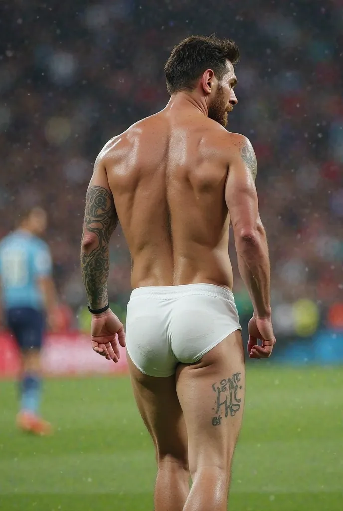 Leo Messi's dick without underwear. Leo Messi's penis is white without clothes on the field