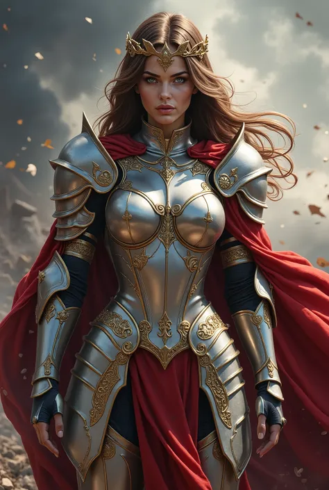 (8K, ultra detailed, realistic style: 1.3), anime warrior woman, long wavy brown hair, with a determined and powerful look, intense blue eyes. He wears a full suit of armor with gold and white details., decorated with intricate medieval and gothic style p...