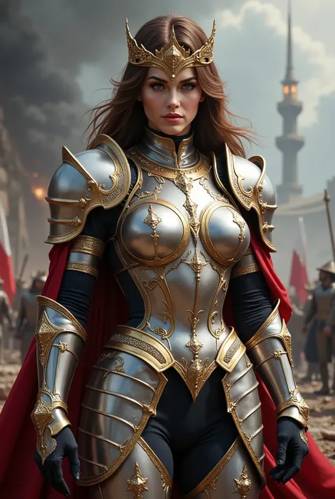 (8K, ultra detailed, realistic style: 1.3), anime warrior woman, long wavy brown hair, with a determined and powerful look, intense blue eyes. He wears a full suit of armor with gold and white details., decorated with intricate medieval and gothic style p...