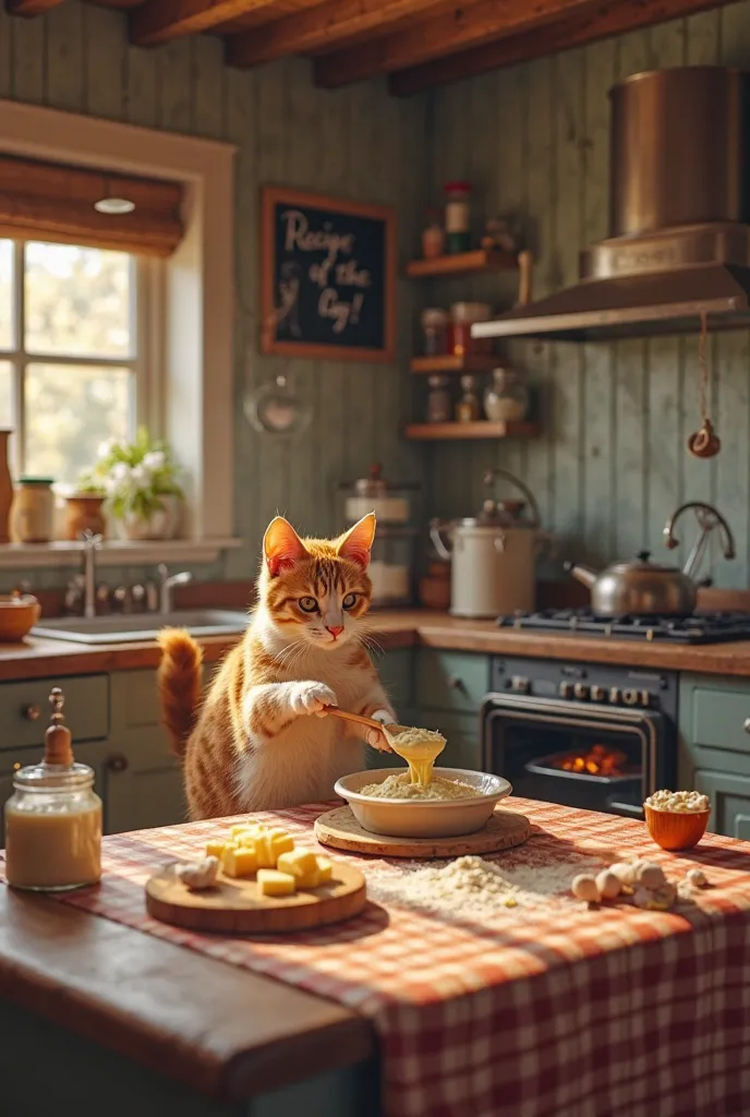 Kitchen Style: A rustic farmhouse kitchen with wooden countertops, vintage cabinets, and a checkered tablecloth. Soft, golden light filters in through a small window, casting a warm glow on the workspace.
Background: Shelves stocked with jars of sugar, flo...