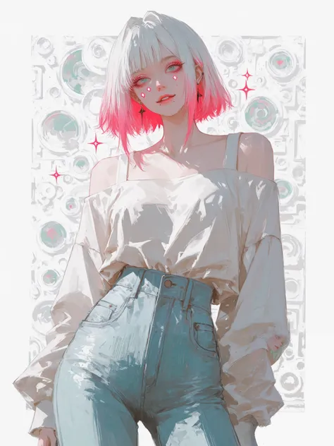 tomboy aesthetic,textured off-shoulder short top+High waist jeans,Windblown fairy short hair,subtle bad laugh,dynamic leaning posture are enhanced by 1 x}.2x ,side light projection dramatic shadows,delicate eyelash cluster rendering,hydrating lip texture,w...