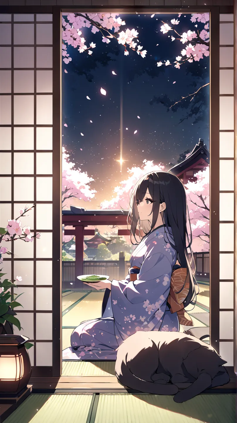 Tea Ceremony、Before the meal、Matcha、Temple、Japanese Garden、tatami、sit、Gentle light comes in through the window、Cherry blossoms are in full bloom outside、 backlit、cat、Potted flowers、girl around her neck、 black hair、dark eyes、 kimono、solo,glitter effect, blu...