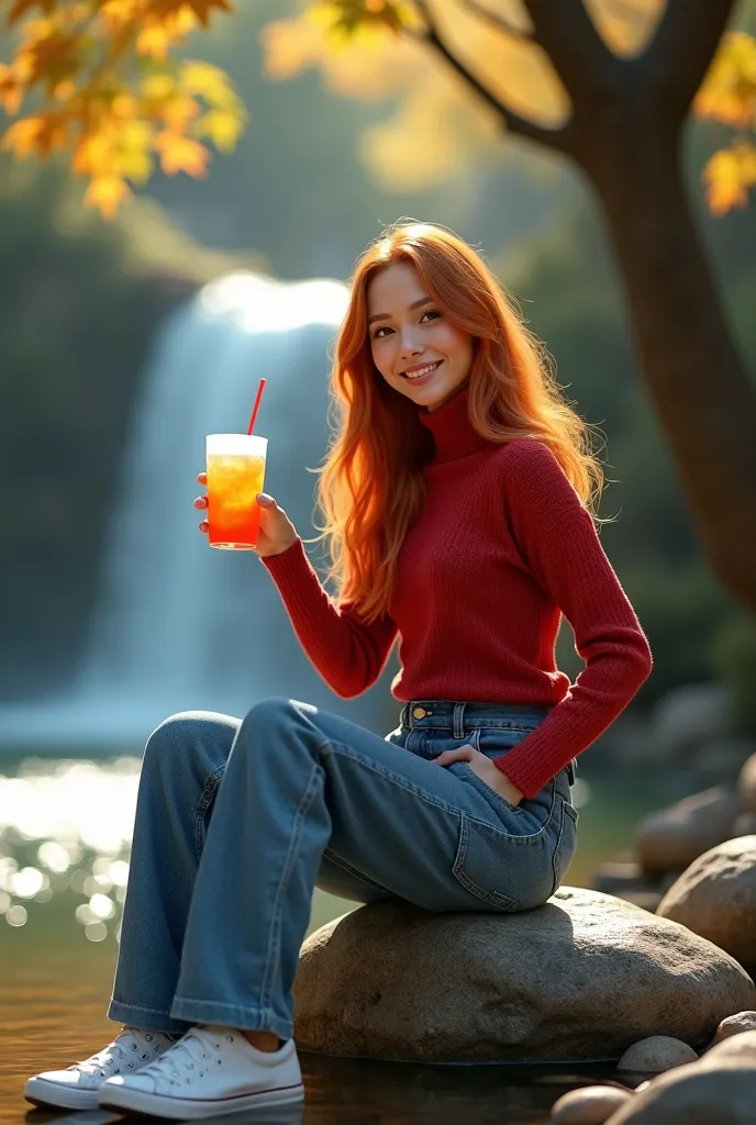 (photorealism:1.2),beautiful woman ,Long red hair,smiles ,wearing a red turtleneck,wears wide denim cargo pants,wears white sneakers sitting on a rock while miming a glass of cold drink ,there is a maple tree and a waterfall  