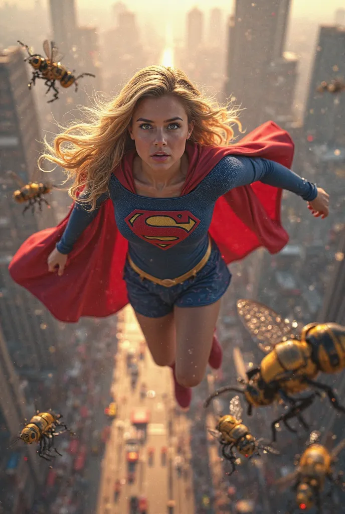 Supergirl flying over a city with a worried expression, looking at robotic bees swarming below.